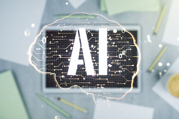 Poster - Creative artificial Intelligence concept with human brain hologram and modern digital tablet on background, top view. Multiexposure