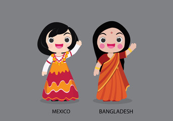Wall Mural - Greece peopel in national dress. Set of Bangladesh woman dressed in national clothes. Vector flat illustration.