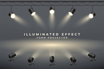 Poster - Spotlights background, stage projectors, 3d hanging and standing lamps. Realistic concert effect for studio or theater, transparent beam. Banner with copy space. Vector illustration backdrop