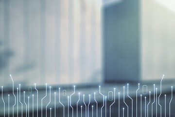 Aufkleber - Abstract virtual microscheme illustration on blurry modern office building background. Big data and database concept. Multiexposure