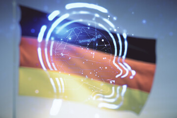 Poster - Abstract virtual artificial Intelligence interface with human head hologram on flag of Germany and sunset sky background. Multiexposure
