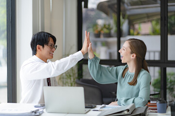 Poster - Teamwork celebrating success .high five.