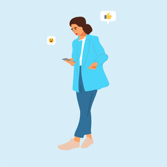 Poster - People using phone. Female character with smartphone. Web messenger. Network conversation. Lady holding mobile device. Internet communication. Smiley icon. Vector woman chatting online