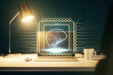 Aufkleber - Creative artificial Intelligence concept with human brain sketch on modern computer background. Double exposure