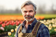 Farmer standing in front of a tulip field 