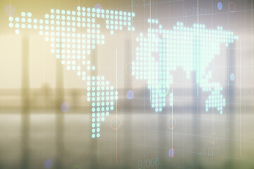 Poster - Abstract creative digital world map on modern interior background, globalization concept. Multiexposure