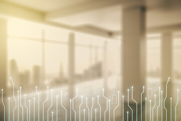 Aufkleber - Abstract virtual micro circuit sketch on empty room interior background, future technology and AI concept. Double exposure