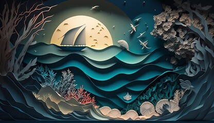 Wall Mural - Abstract background with ocean landscape, wave and sky in paper art and craft design concept.  Created using generative AI.