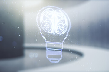 Poster - Abstract virtual creative light bulb with human brain hologram on empty classroom background, artificial Intelligence and neural networks concept. Multiexposure