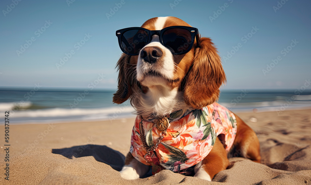 Summer vacation on the beach with dog wearing sunglasses and an island ...