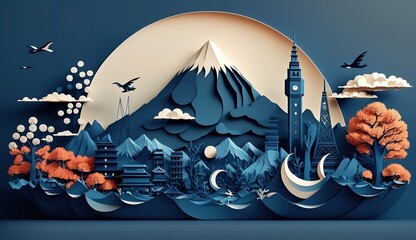 Wall Mural - Abstract background Mt.Fuji in Japan landscape, Sakura and sky in paper art and craft design concept.  Created using generative AI.