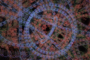 Violet red pattern of crooked waves on a black background. Abstract fractal 3D rendering