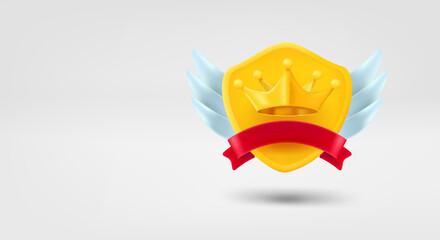 Poster - Golden crown on golden shield. 3d vector banner with copy space