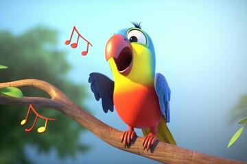 Wall Mural - 3D cartoon colorful parrot is perched on a tree branch, singing a sweet melody. Generative AI