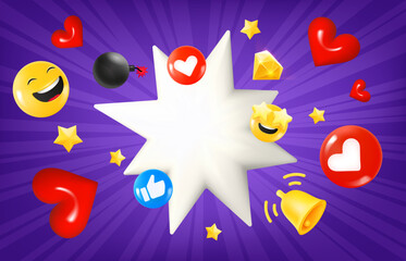 Aufkleber - Social media concept with flying elements and flash with copy space. 3d vector illustration