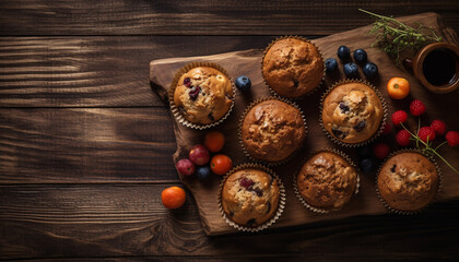 Chocolate muffin wood background flat lay food photography copy spacce detail close up studio product presentation .