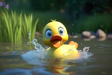 Sticker - 3D cartoon little duckling is splashing around in a pond, enjoying the cool water. Generative AI