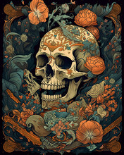 Illustration Of A Tarot Card With A Human Skull Decorated With Flowers