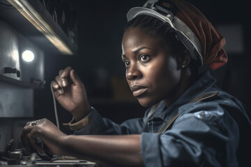 A young black female plumber working to fix a problem in a house. Generative AI. 