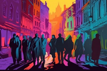 Sticker - Colorful silhouette of figures in an old city in the style of psychedelic color palette hyperrealistic illustrations. Generative AI