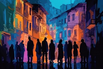 Canvas Print - Colorful silhouette of figures in an old city in the style of psychedelic color palette hyperrealistic illustrations. Generative AI