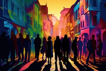 Wall Mural - Colorful silhouette of figures in an old city in the style of psychedelic color palette hyperrealistic illustrations. Generative AI