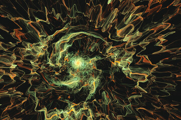 Wall Mural - Orange green pattern of crooked waves on a black background. Abstract fractal 3D rendering