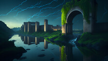 A Mesmerizing  Rendering Of Mystical Plateau Under Dep Sea, Old Roman Aquaduct With Flowing Water, Depth Of Field, Italian Fortress And Towers As A Background Covered With Moss And Ivy, The River Of C