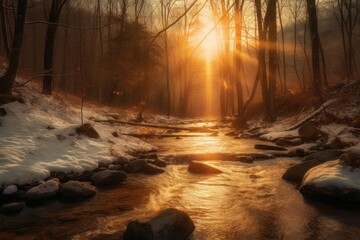 Poster - sun rises above a stream in winter forest in the mountains. generative ai