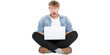 © Maridav - Laptop computer man shocked looking surprised at screen. Young modern male student model sitting cross legged on floor isolated on transparent PNG background.