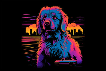 Wall Mural - Neon Dog, 80s style t-shirt vector illustration