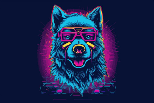 Neon Dog, 80s style t-shirt vector illustration