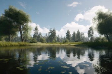 Sticker - A serene pond surrounded by tall trees with the reflect Generative AI 2