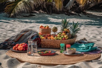 Beach Landscape An inviting beach picnic spread out on a blanket under the shade of palm trees, colorful blanket  3 - AI Generative