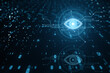 Cyber spy technology hologram, virtual eye of internet control surveillance and digital invigilation backdrop with coding. 3D Rendering.