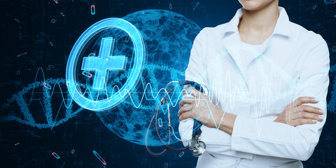 Poster - Folded female doctor hands with glowing medical hologram with globe and dna helix on blurry background. Medicine, technology and future concept.