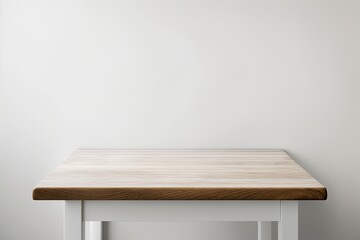 Wall Mural - minimalist white table with a warm wooden top set against a plain white wall. Generative AI