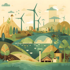 Illustration of lush, green landscape with eco-friendly elements, solar panels, wind turbines, and recycling bins, representing sustainable practices in honor of Earth Day. Created using generative AI