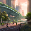 Futuristic illustration of sustainable city with green spaces, bike lanes, modern public transport. Rich, detailed, dramatic lightning. Urban planning, sustainable future. Created using generative AI.