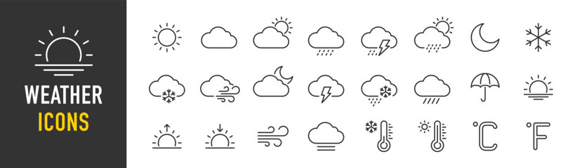 weather web icons in line style. clouds, sun, moon, snowflakes, wind, sunny day, collection. vector 