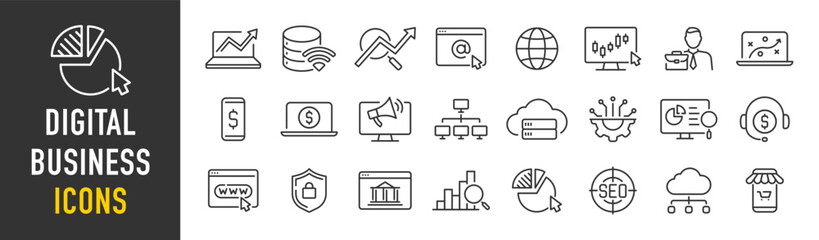 Digital Business web icons in line style. Marketing, data management, social network, business technology, information technology, collection. Vector illustration.