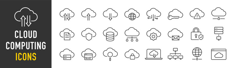 Wall Mural - Cloud computing web icons in line style. Cloud technology, data center, connection network, digital service, database platform, collection. Vector illustration.