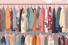 Men And Women Clothes On Long Hanger Racks Seamless Pattern. Many Different Garments Hanging On Store Hanger Stands. Flat Cartoon Vector Background  Generative AI