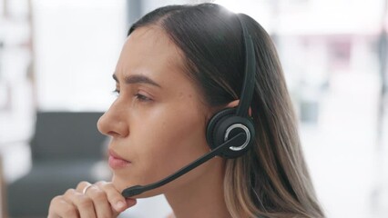 Poster - Business woman, call center and thinking in consulting for customer service, telemarketing or support at office. Thoughtful female consultant agent talking and wondering with headphones in contact us