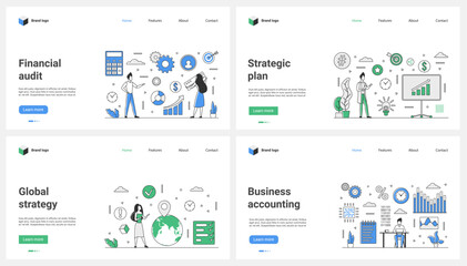 Poster - Business accounting, financial audit, global strategy and development plan set vector illustration. Cartoon office tiny people work on finance projects with digital data charts and statistics reports