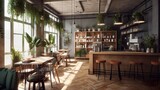 Fototapeta Londyn - Cozy urban scandinavian style speciality coffee house  interior, AI-generated 