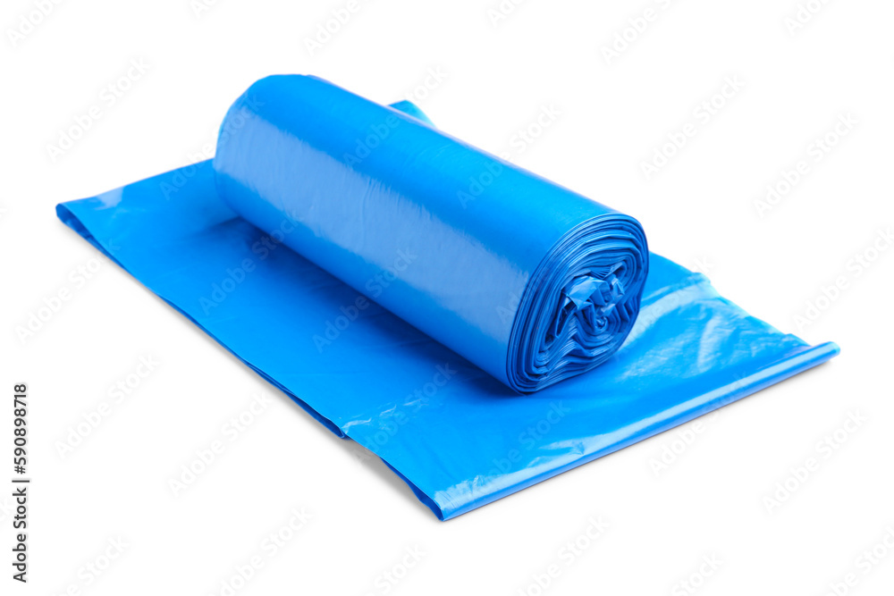 Blue roll of garbage bags isolated on white background