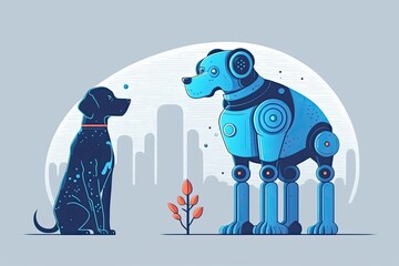 Poster - robotic dog and a mechanical robot sitting together in a futuristic setting. Generative AI