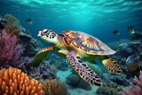 Fototapeta Do akwarium - Turtle underwater swim. Generate Ai