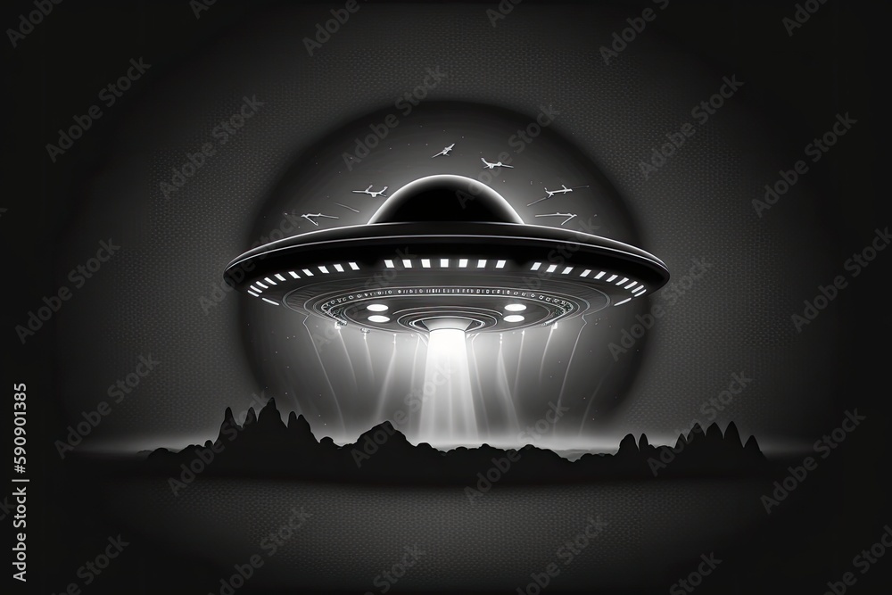 Ilustración de Stock UFO hovering in the night sky with a beam of light ...